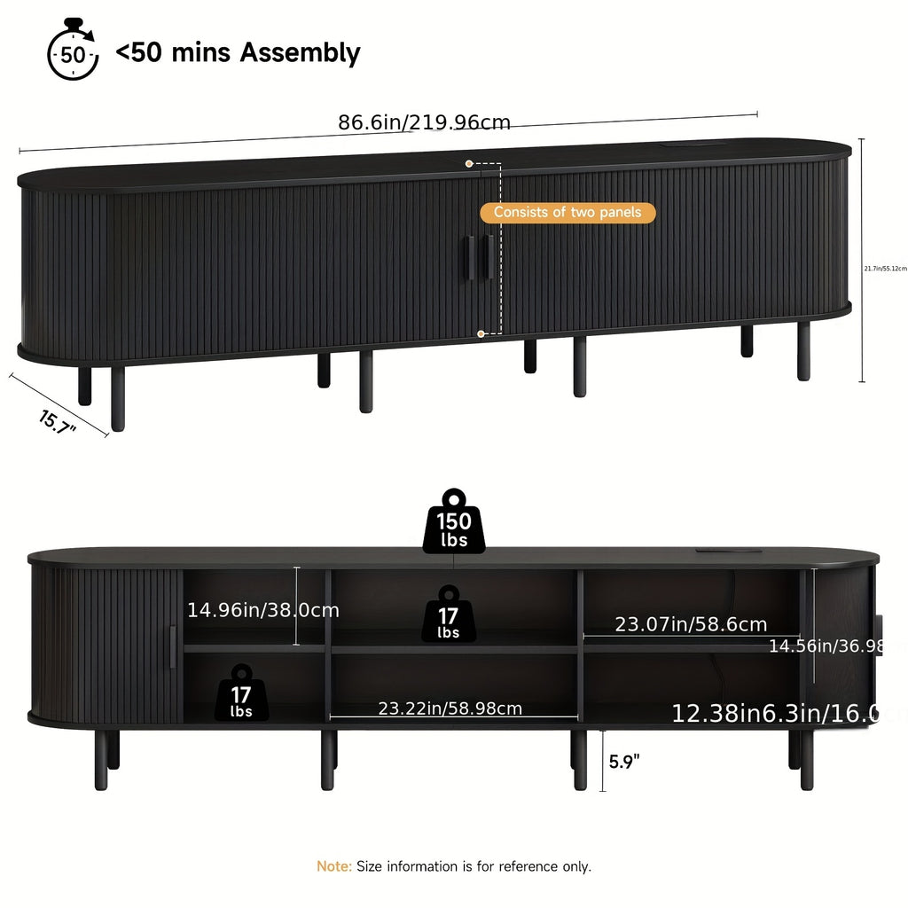 TV Stand, Wide Sturdy Modern Entertainment Center with Adjustable Shelves, Sliding Doors & Ample Storage, for 90 Inch TVs, 86 Inch\u002F70.8 Inch\u002F55 Inch, Walnut\u002FBlack\u002FOak, Media Console for Living Room Bedroom, with Power Outlet