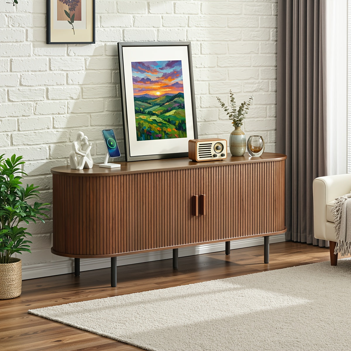 TV Stand, Wide Sturdy Modern Entertainment Center with Adjustable Shelves, Sliding Doors & Ample Storage, for 90 Inch TVs, 86 Inch\u002F70.8 Inch\u002F55 Inch, Walnut\u002FBlack\u002FOak, Media Console for Living Room Bedroom, with Power Outlet