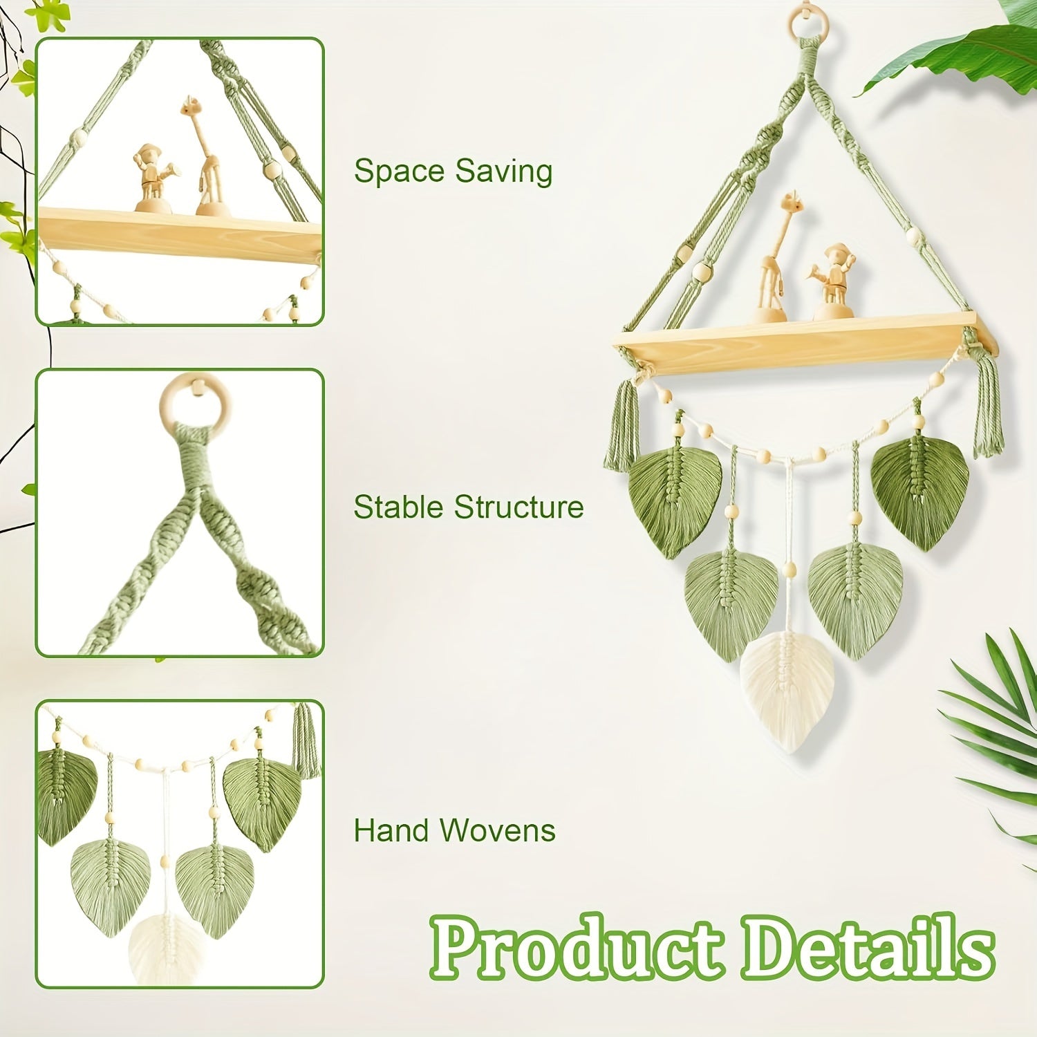 Macrame Wall Hanging Shelf, Boho Wall Plant Hanger Shelves With Handmade Woven Leaves, Wood Floating Shelf For Bedroom Living Room Apartment Home Decor