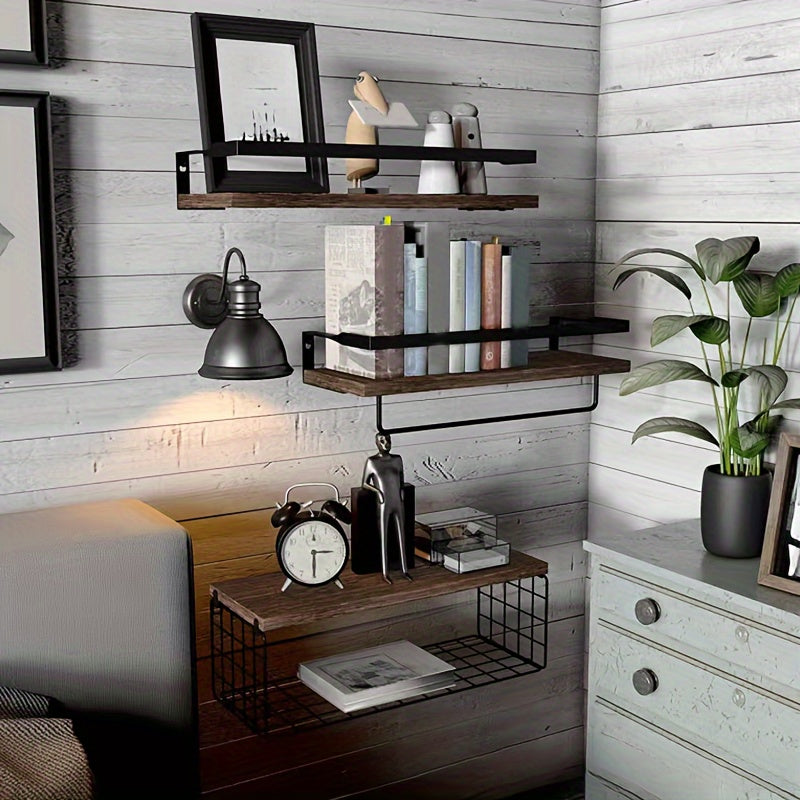 4 Iron Wrought Wooden Suspended Shelves, Hard Wood, Iron Frame Fence, Firm And Convenient, Suitable For Vases, Flower POTS, Books, Incense, Candles, Cups, Snacks And Other Sundry Storage, Valentine'S Day\u002FNew Year Decorater, Floating Shelves