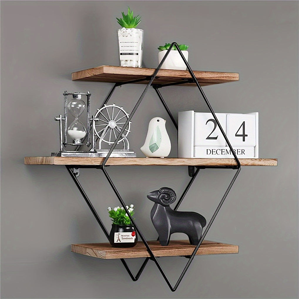 3 Tier Geometric Diamond Wall Floating Shelves Decorative Industrial Hanging Metal Wire Wood Display Shelf for Living Room Kitchen