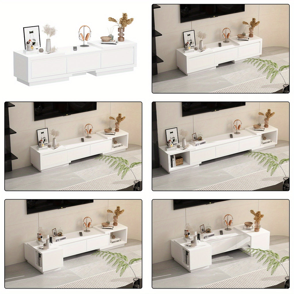 Contemporary Television Unit Featuring Three Drawers, a Versatile And Extendable Design Suitable for Televisions Measuring Up to 120 Inches, a Wooden Gaming And Entertainment Center with Adjustable Width