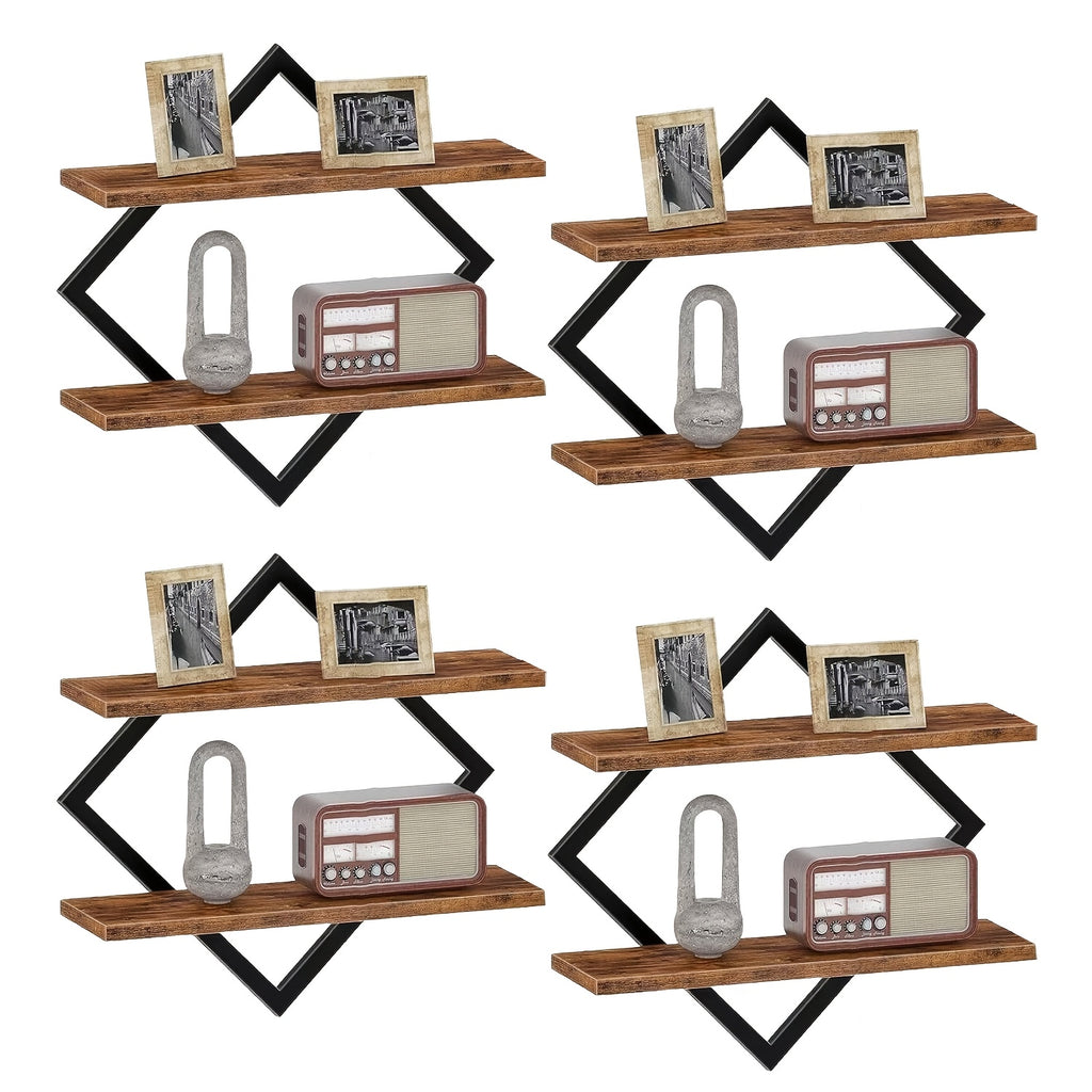 2\u002F4pcs Double Layer Geometric Diamond Wall Floating Shelf Decorative Industrial Hanging Metal Wire Wooden Display Stand, Simple Style Wall Floating Stand, Artistic Style, Suitable for Living Room Kitchen, Floating Shelves
