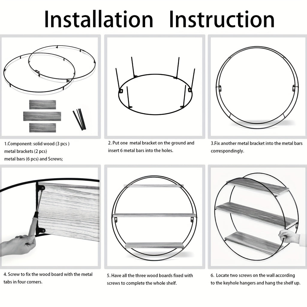 Round Floating 3-Tier Wall Shelf - Sturdy Wood And Metal Decorative Shelf for Living Room, Bedroom, Bathroom, Kitchen, Office, Halloween Decoration, Floating Shelves