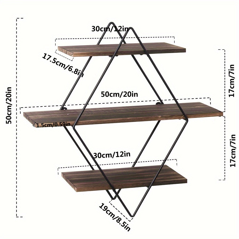 3 Tier Geometric Diamond Wall Floating Shelves Decorative Industrial Hanging Metal Wire Wood Display Shelf for Living Room Kitchen