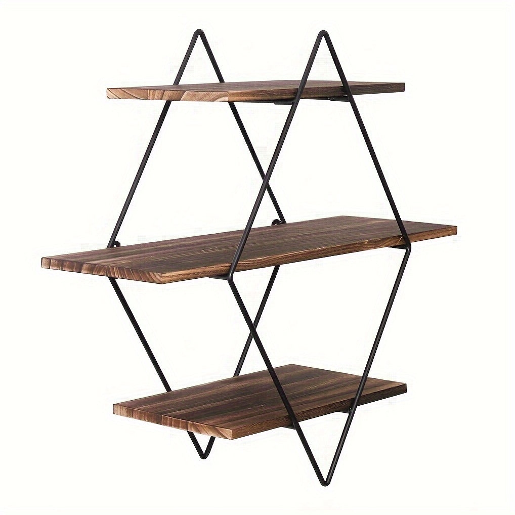 3 Tier Geometric Diamond Wall Floating Shelves Decorative Industrial Hanging Metal Wire Wood Display Shelf for Living Room Kitchen