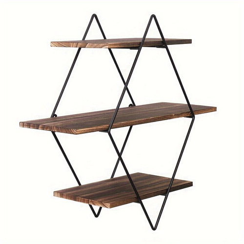 3 Tier Geometric Diamond Wall Floating Shelves Decorative Industrial Hanging Metal Wire Wood Display Shelf for Living Room Kitchen