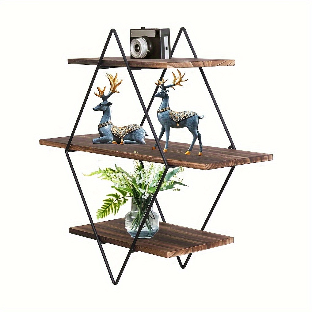 3 Tier Geometric Diamond Wall Floating Shelves Decorative Industrial Hanging Metal Wire Wood Display Shelf for Living Room Kitchen