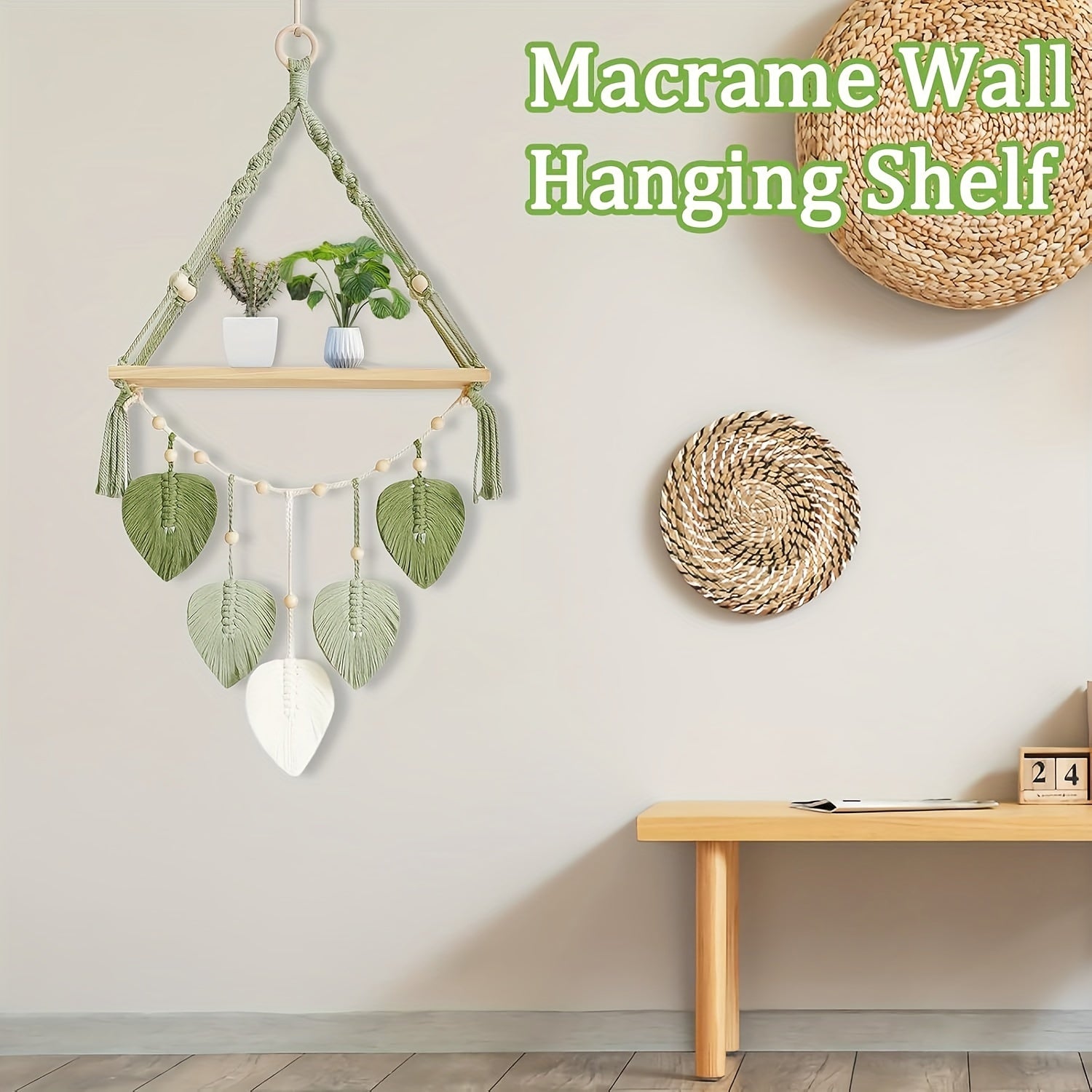 Macrame Wall Hanging Shelf, Boho Wall Plant Hanger Shelves With Handmade Woven Leaves, Wood Floating Shelf For Bedroom Living Room Apartment Home Decor