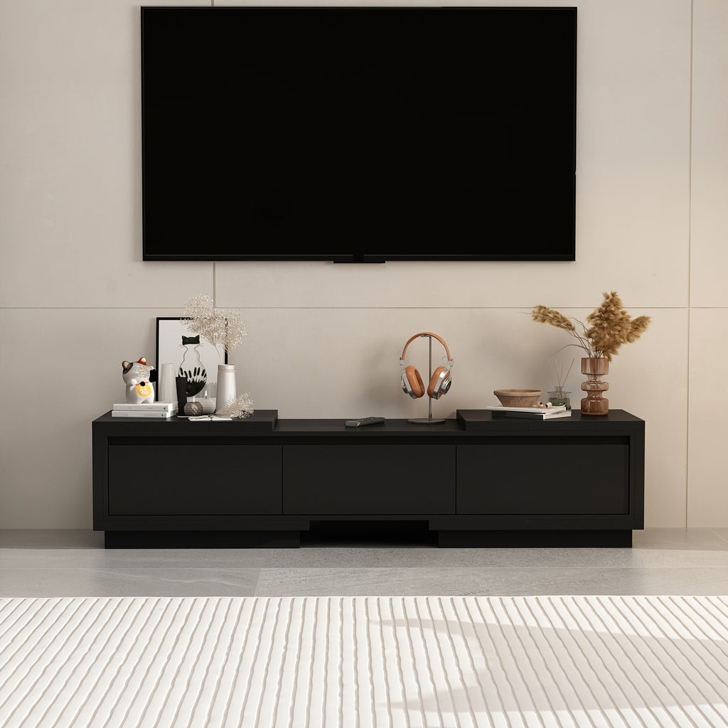 Contemporary Television Unit Featuring Three Drawers, a Versatile And Extendable Design Suitable for Televisions Measuring Up to 120 Inches, a Wooden Gaming And Entertainment Center with Adjustable Width