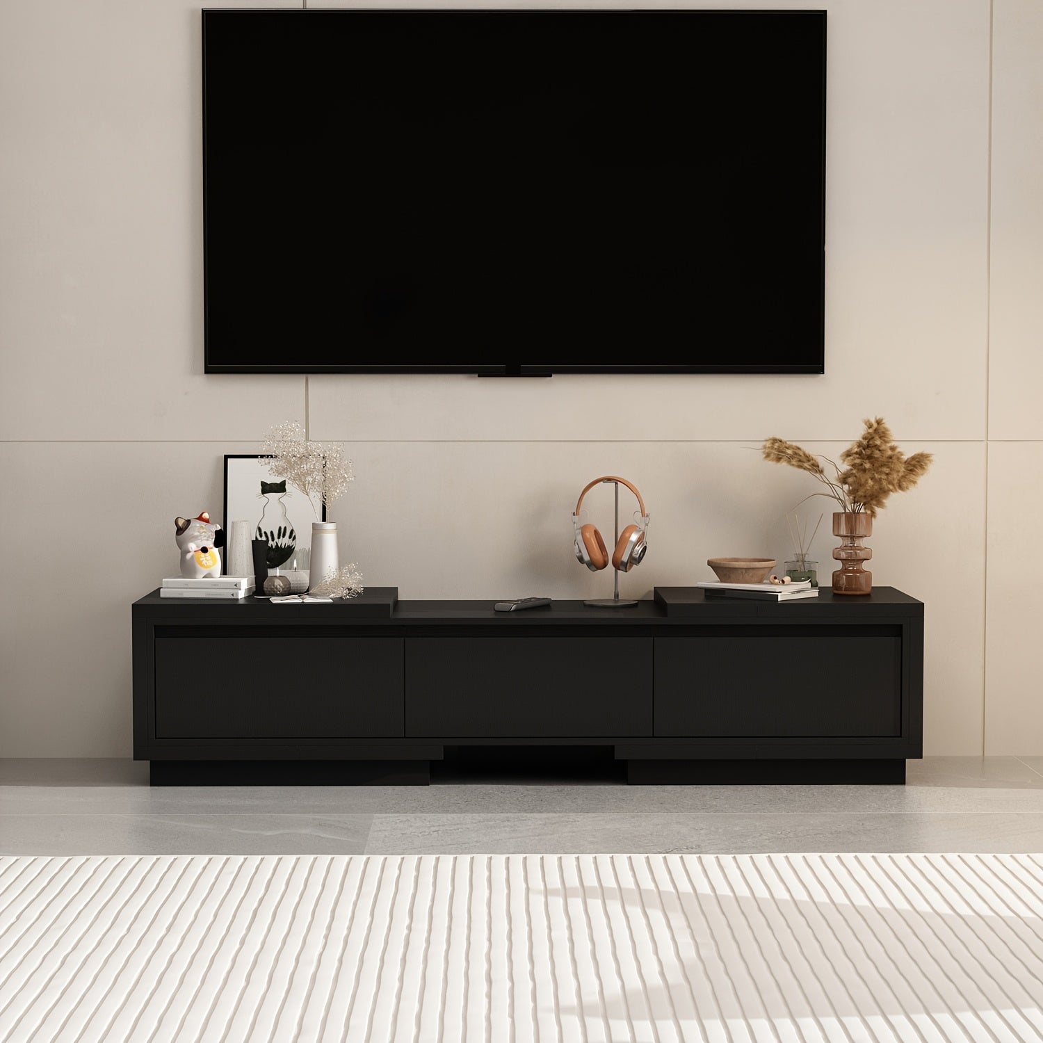 Contemporary Television Unit Featuring Three Drawers, a Versatile And Extendable Design Suitable for Televisions Measuring Up to 120 Inches, a Wooden Gaming And Entertainment Center with Adjustable Width