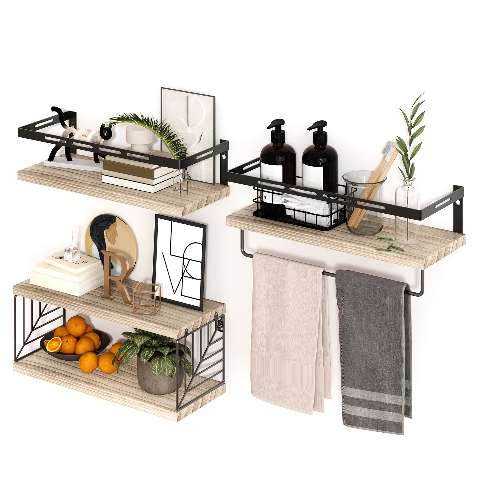 3+1 Tier Wall Mounted Bathroom Shelves Over Toilet, Farmhouse Shelf Toilet Paper Storage, Wood Floating Shelves for Room Decor, Wall Dresser, Heavy Duty Shelves, Bathroom Storage And Accessories, Bedroom, Living Room, for Halloween And Christmas