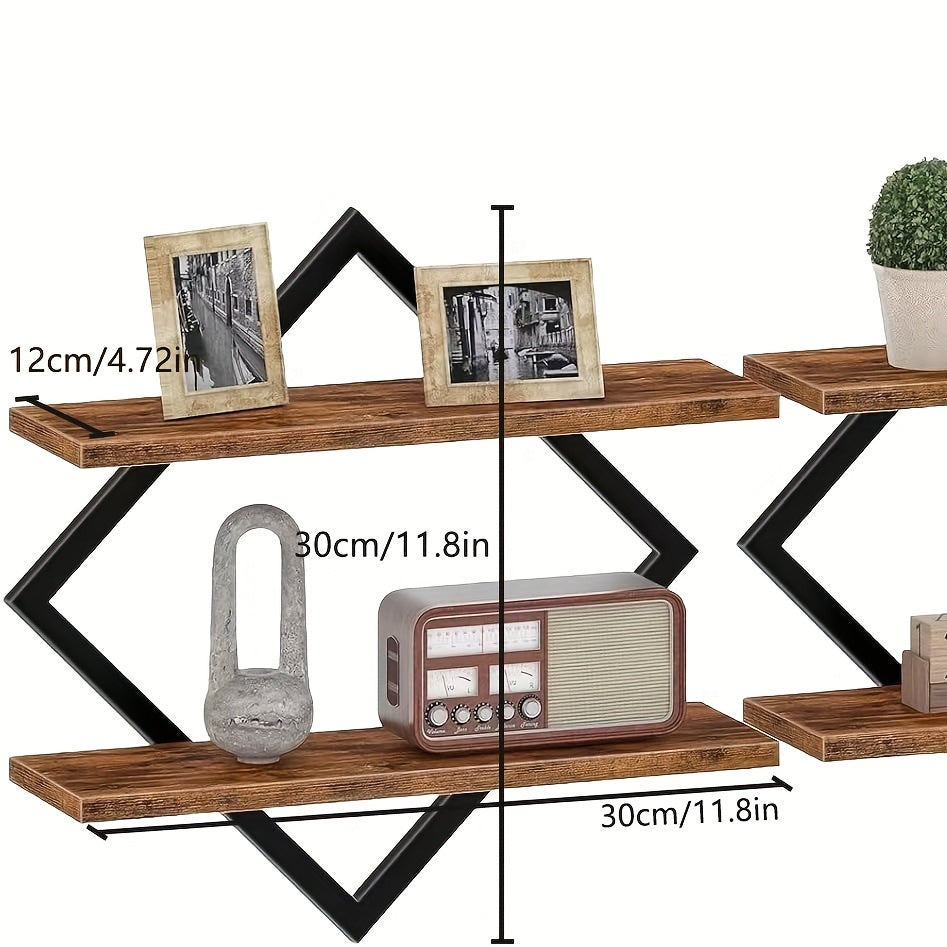 2\u002F4pcs Double Layer Geometric Diamond Wall Floating Shelf Decorative Industrial Hanging Metal Wire Wooden Display Stand, Simple Style Wall Floating Stand, Artistic Style, Suitable for Living Room Kitchen, Floating Shelves