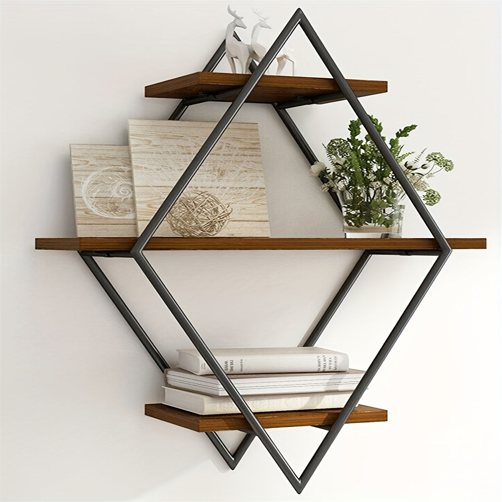 3 Tier Geometric Diamond Wall Floating Shelves Decorative Industrial Hanging Metal Wire Wood Display Shelf for Living Room Kitchen