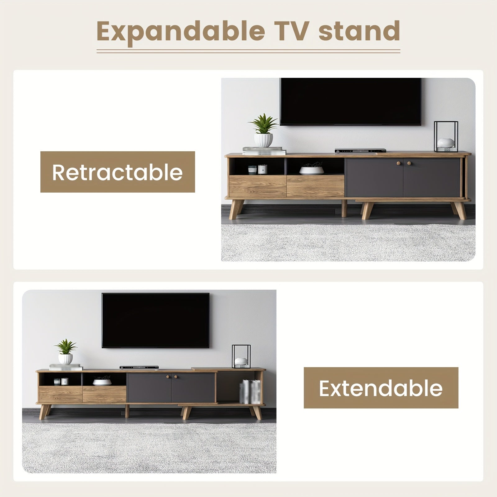 3pcs Mid Century Modern TV Stand Entertainment Center | Extendable TV Cabinet, Coffee Table and Side Table Set of 3, TV Cabinet with Storage for TVs Up to 80\
