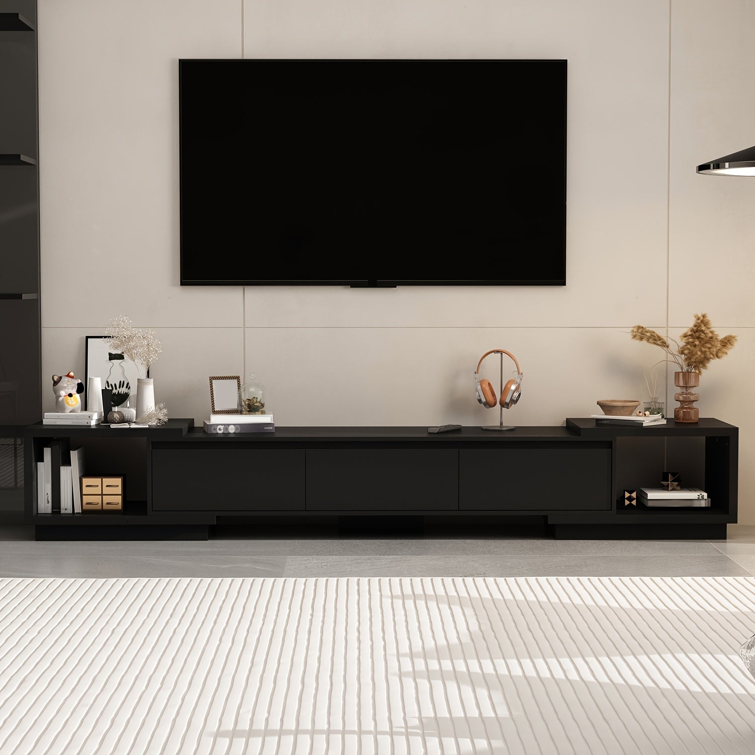 Contemporary Television Unit Featuring Three Drawers, a Versatile And Extendable Design Suitable for Televisions Measuring Up to 120 Inches, a Wooden Gaming And Entertainment Center with Adjustable Width