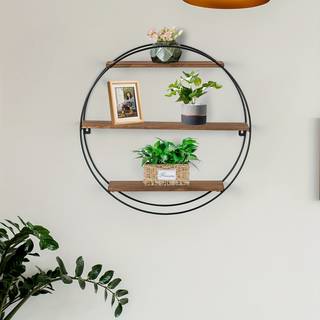 Round Floating 3-Tier Wall Shelf - Sturdy Wood And Metal Decorative Shelf for Living Room, Bedroom, Bathroom, Kitchen, Office, Halloween Decoration, Floating Shelves