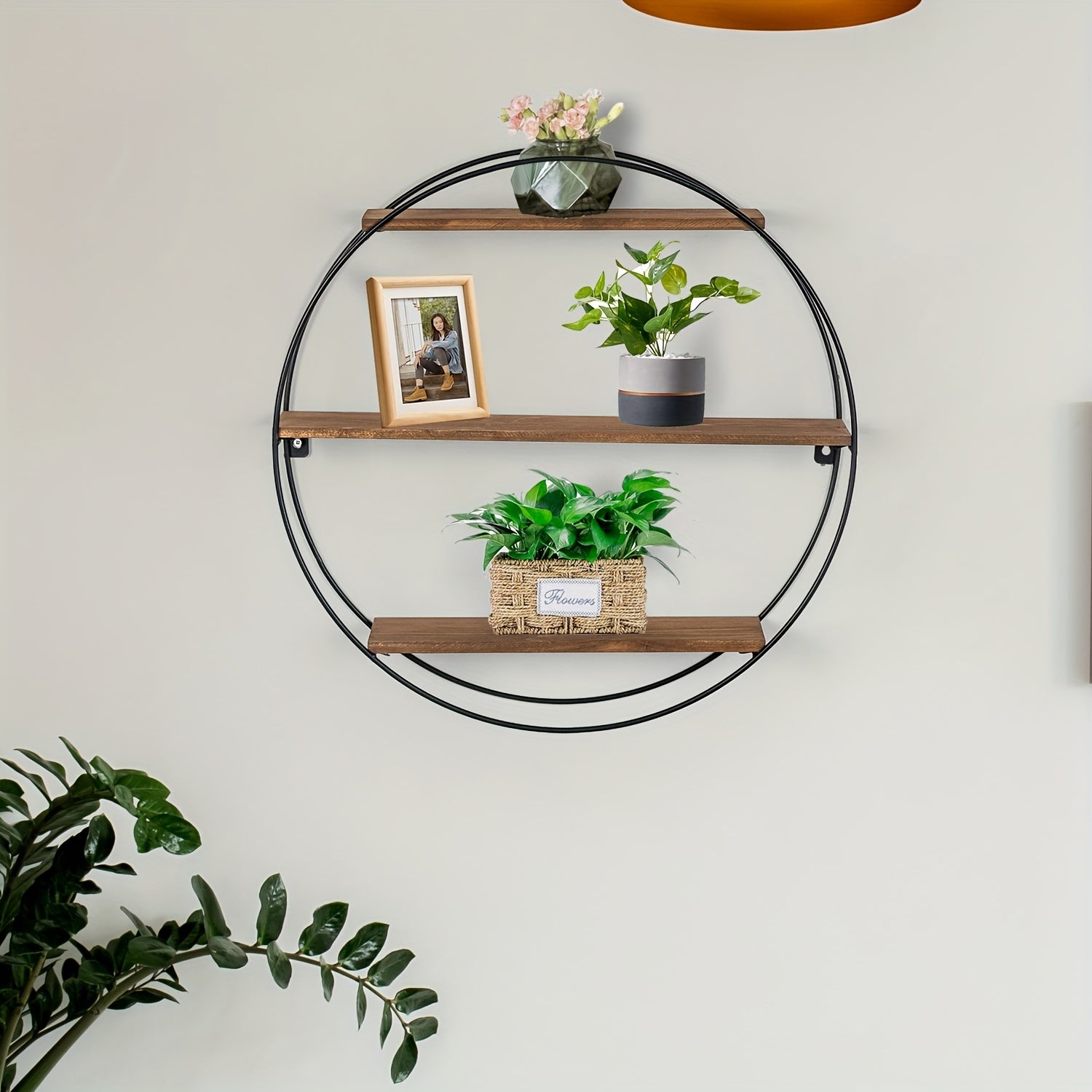 Round Floating 3-Tier Wall Shelf - Sturdy Wood And Metal Decorative Shelf for Living Room, Bedroom, Bathroom, Kitchen, Office, Halloween Decoration, Floating Shelves