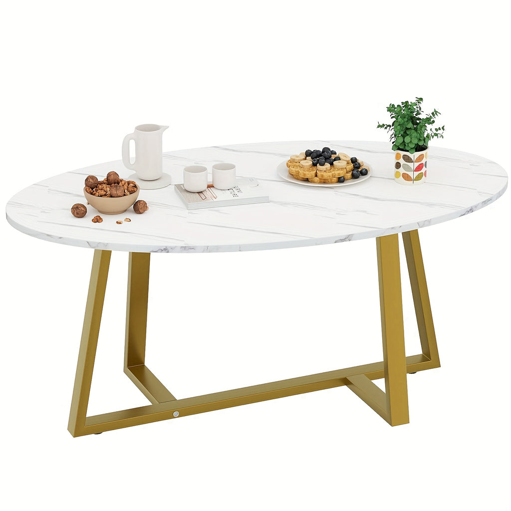 White Faux Marble Table Oval Coffee Table, White Faux Marble Living Room Table, Modern Small Space Center Coffee Table With Sturdy Metal Legs, Metal Frame, Easy To Assemble, Versatile Home Or Office Furniture For Living Room