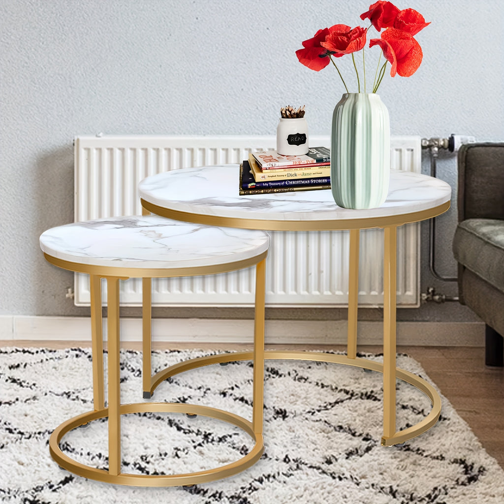 Set of Two Circular Nesting Tables Featuring a White Faux Marble Top And a Golden Frame, Perfect for Modern Living Rooms Or Bedrooms with an Industrial Touch
