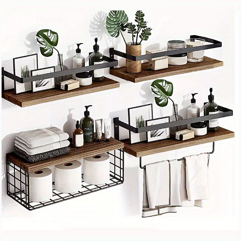 4 Iron Wrought Wooden Suspended Shelves, Hard Wood, Iron Frame Fence, Firm And Convenient, Suitable For Vases, Flower POTS, Books, Incense, Candles, Cups, Snacks And Other Sundry Storage, Valentine'S Day\u002FNew Year Decorater, Floating Shelves