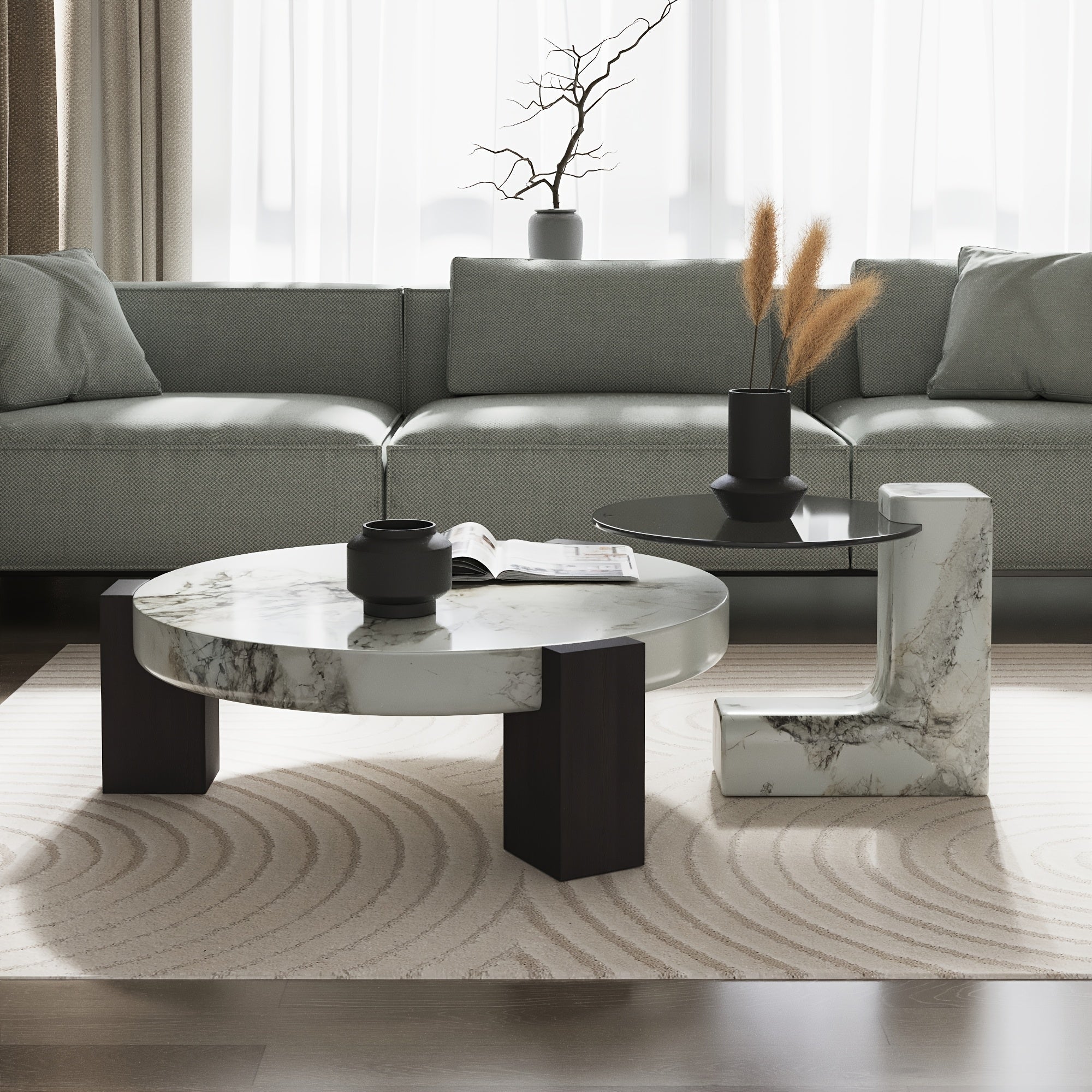 Contemporary Round Nesting Coffee Table Collection (Set of 2) - Distinctive Design - Circular Coffee Table for Living Spaces - Marble-Like Textured Top - C-Shaped Edge Table - Ideal for Living Rooms, Flats, And Bedrooms - Nesting Tables