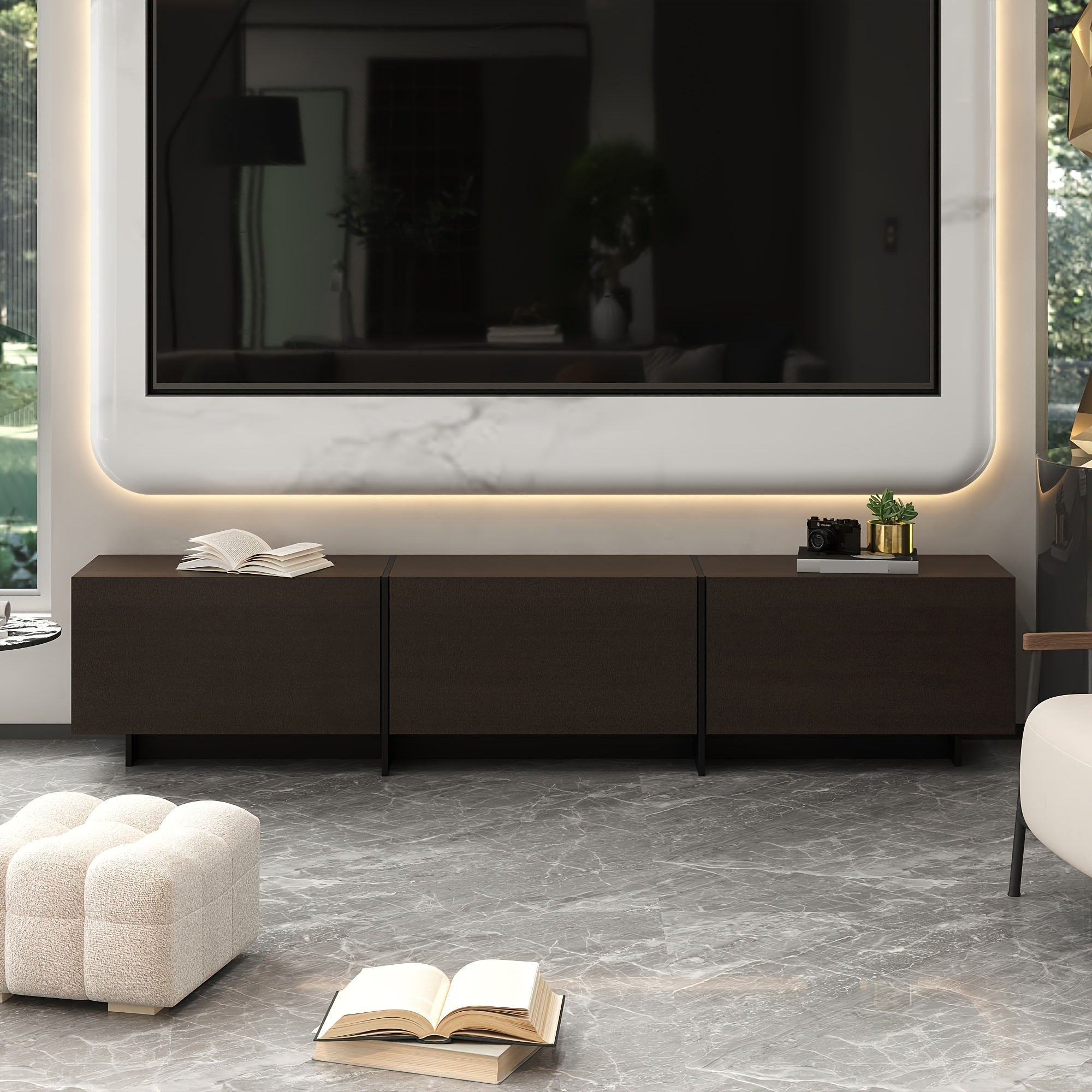 71.7'' Wide Home TV Stand for Up to 55'' to 65'' Tvs, with 3 Storage Cabinets & Flip-down Doors, Modern Media Console Entertainment Center for Living Room, Brown