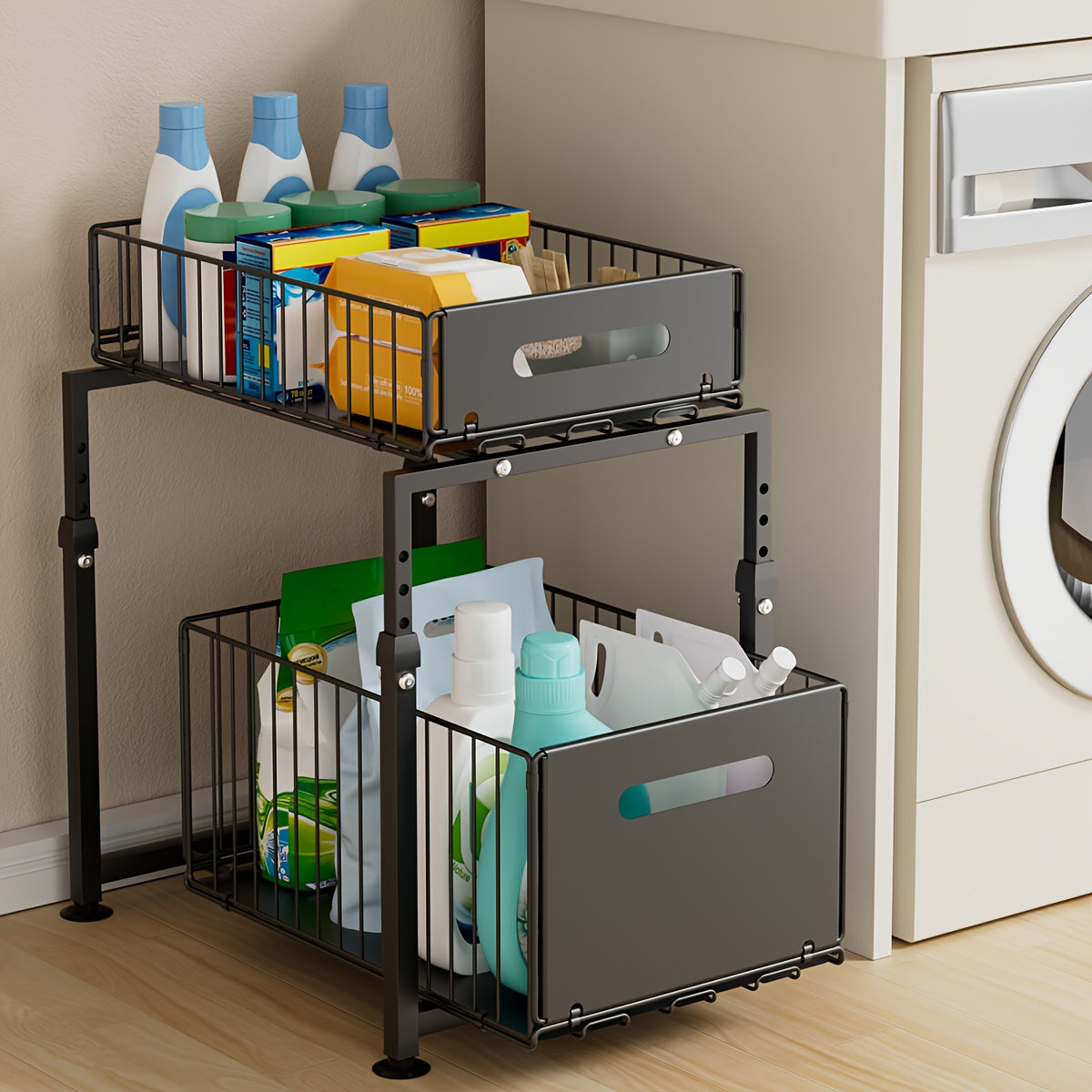 2-Tier Slide-Out Under Sink Organizer - Heavy-Duty Carbon Steel Kitchen & Bathroom Storage Shelf with Adjustable Shelves, Hooks & Sliding Drawers - Space-Saving Cabinet Organizer for Utensils, Spices, Cleaning Supplies - Easy Installation