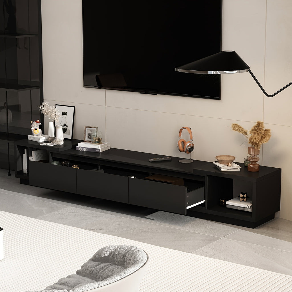 Contemporary Television Unit Featuring Three Drawers, a Versatile And Extendable Design Suitable for Televisions Measuring Up to 120 Inches, a Wooden Gaming And Entertainment Center with Adjustable Width