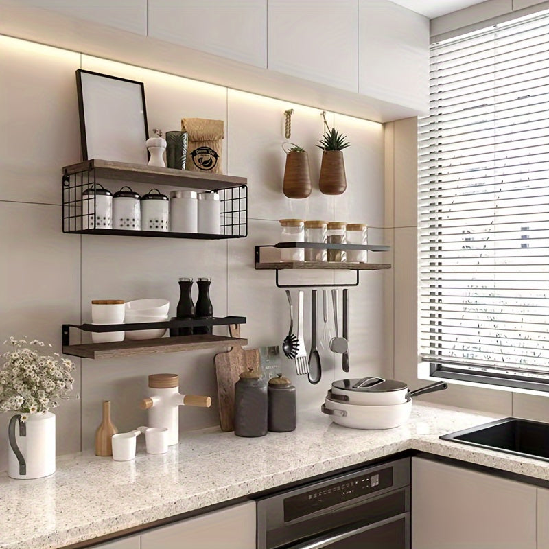 4 Iron Wrought Wooden Suspended Shelves, Hard Wood, Iron Frame Fence, Firm And Convenient, Suitable For Vases, Flower POTS, Books, Incense, Candles, Cups, Snacks And Other Sundry Storage, Valentine'S Day\u002FNew Year Decorater, Floating Shelves