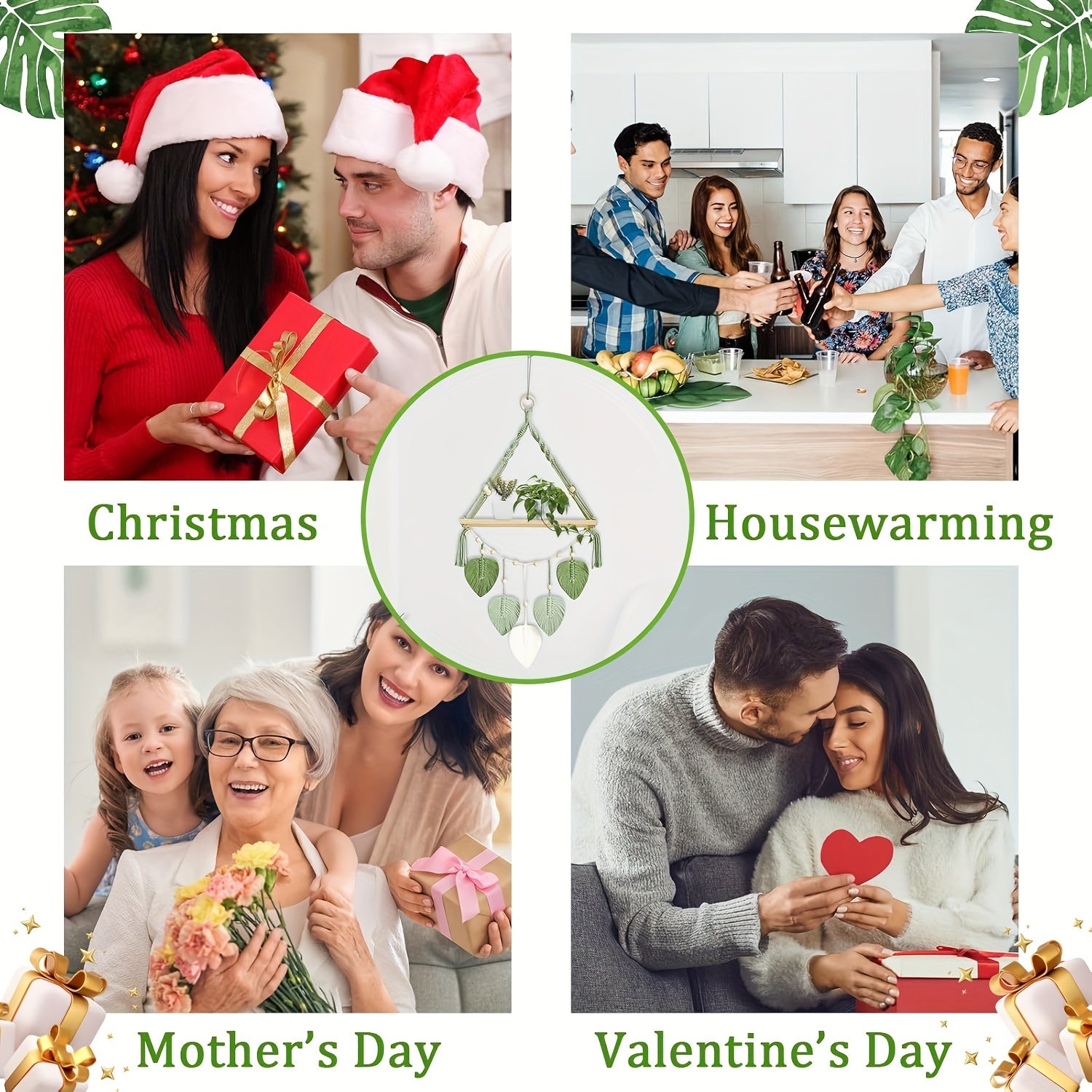 Macrame Wall Hanging Shelf, Boho Wall Plant Hanger Shelves With Handmade Woven Leaves, Wood Floating Shelf For Bedroom Living Room Apartment Home Decor