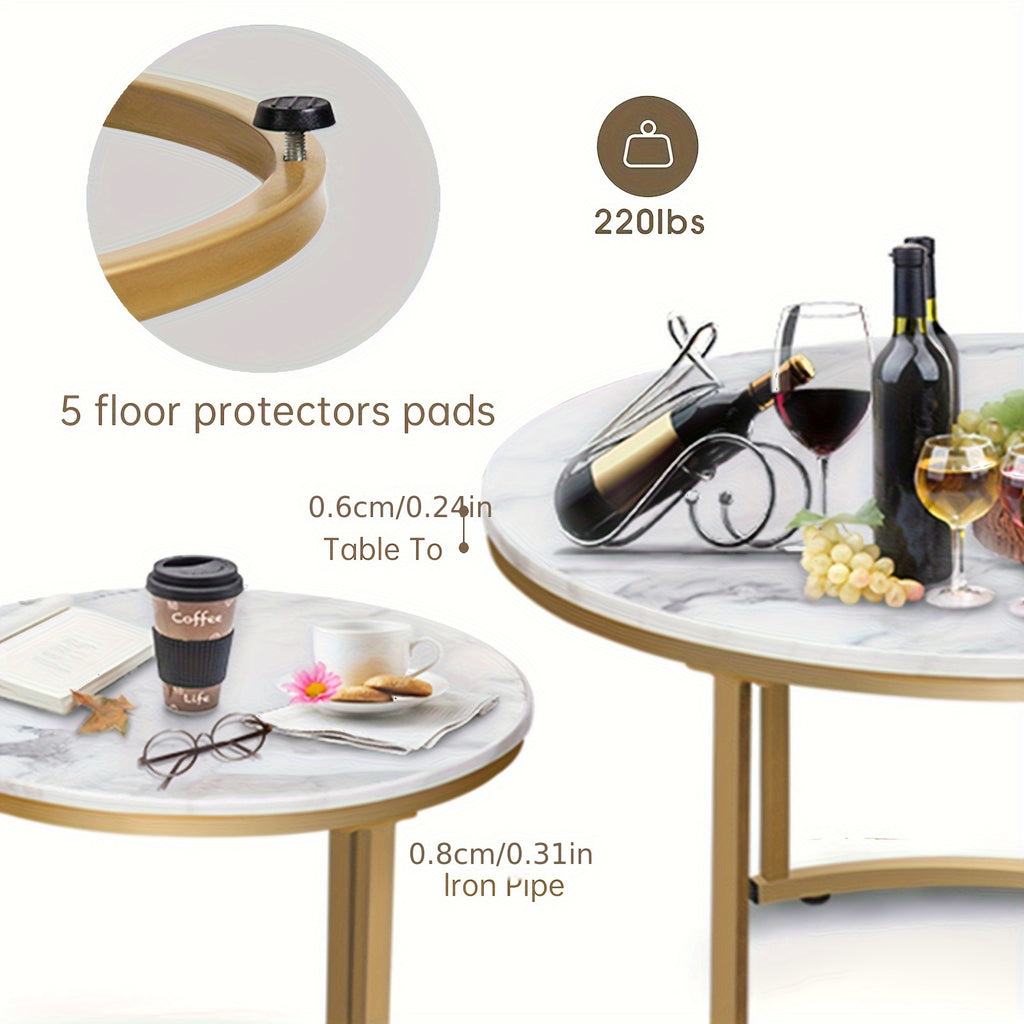 Set of Two Circular Nesting Tables Featuring a White Faux Marble Top And a Golden Frame, Perfect for Modern Living Rooms Or Bedrooms with an Industrial Touch