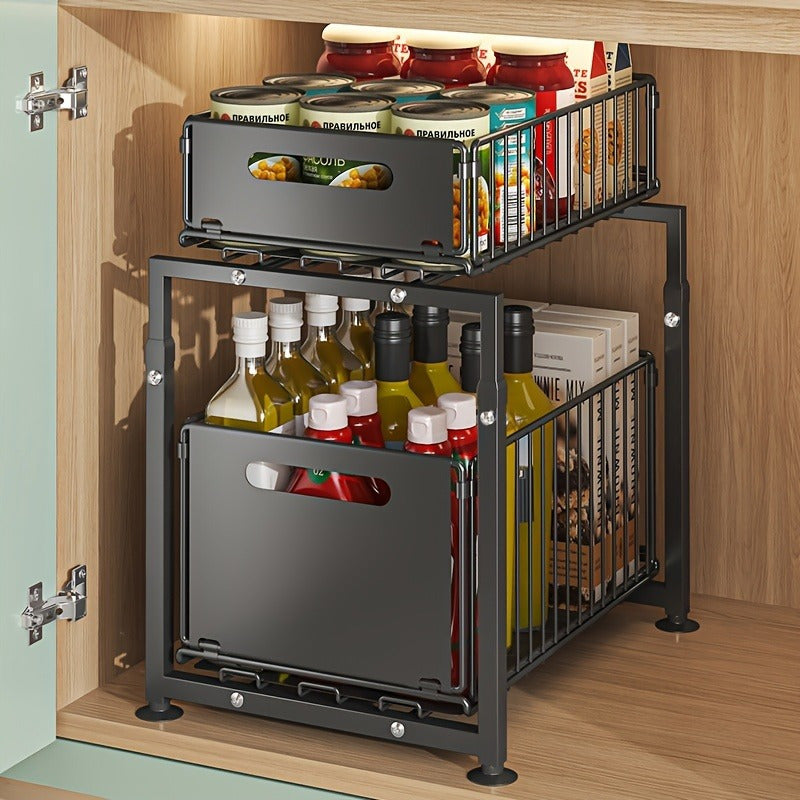 2-Tier Slide-Out Under Sink Organizer - Heavy-Duty Carbon Steel Kitchen & Bathroom Storage Shelf with Adjustable Shelves, Hooks & Sliding Drawers - Space-Saving Cabinet Organizer for Utensils, Spices, Cleaning Supplies - Easy Installation