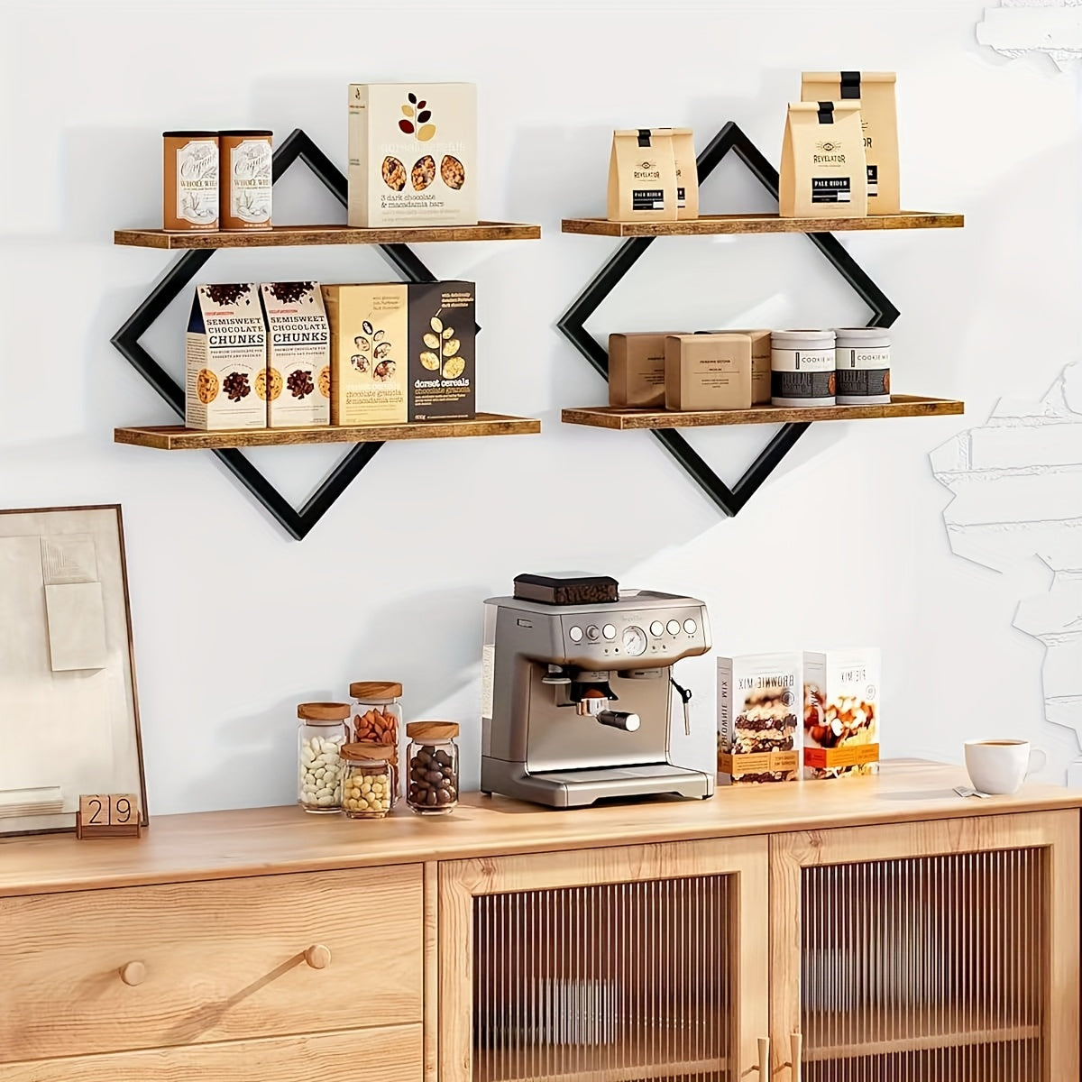 2\u002F4pcs Double Layer Geometric Diamond Wall Floating Shelf Decorative Industrial Hanging Metal Wire Wooden Display Stand, Simple Style Wall Floating Stand, Artistic Style, Suitable for Living Room Kitchen, Floating Shelves
