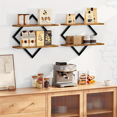 2\u002F4pcs Double Layer Geometric Diamond Wall Floating Shelf Decorative Industrial Hanging Metal Wire Wooden Display Stand, Simple Style Wall Floating Stand, Artistic Style, Suitable for Living Room Kitchen, Floating Shelves