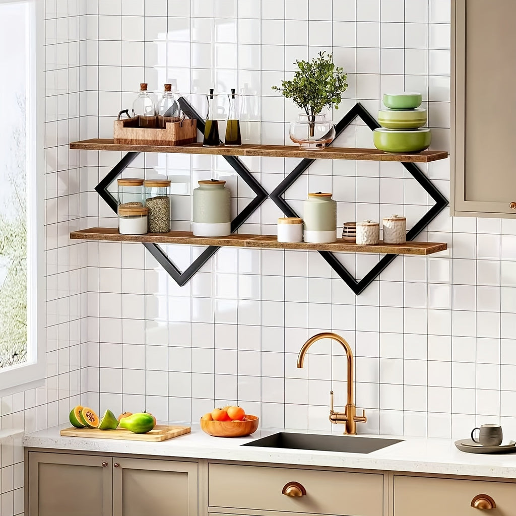 2\u002F4pcs Double Layer Geometric Diamond Wall Floating Shelf Decorative Industrial Hanging Metal Wire Wooden Display Stand, Simple Style Wall Floating Stand, Artistic Style, Suitable for Living Room Kitchen, Floating Shelves