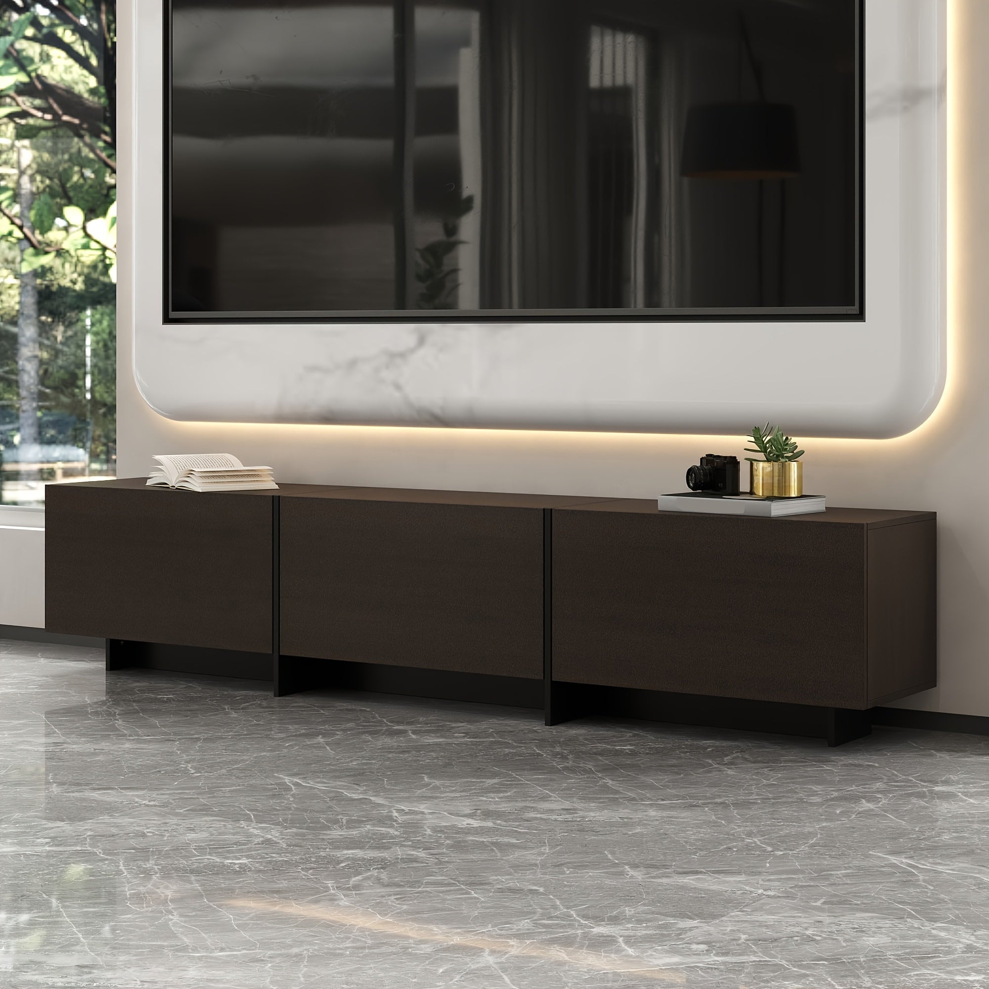 71.7'' Wide Home TV Stand for Up to 55'' to 65'' Tvs, with 3 Storage Cabinets & Flip-down Doors, Modern Media Console Entertainment Center for Living Room, Brown