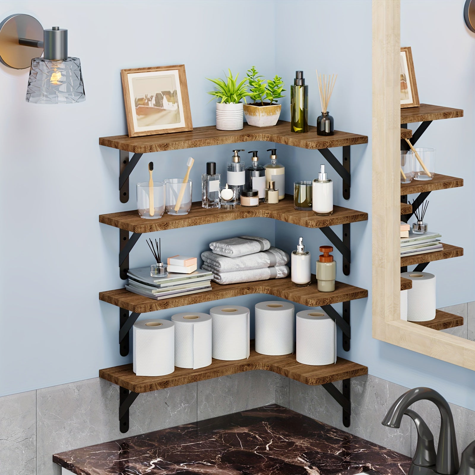 4pcs Rustic Wood Floating Shelves Wall Mounted - Wood Grain Heavy-Duty Wood Planks Suitable for Home Decor, Bathroom, Kitchen, Bedroom, Living Room, Office - Assembly, Display & Storage Shelves, Floating Shelves