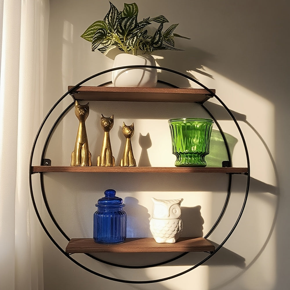 Round Floating 3-Tier Wall Shelf - Sturdy Wood And Metal Decorative Shelf for Living Room, Bedroom, Bathroom, Kitchen, Office, Halloween Decoration, Floating Shelves