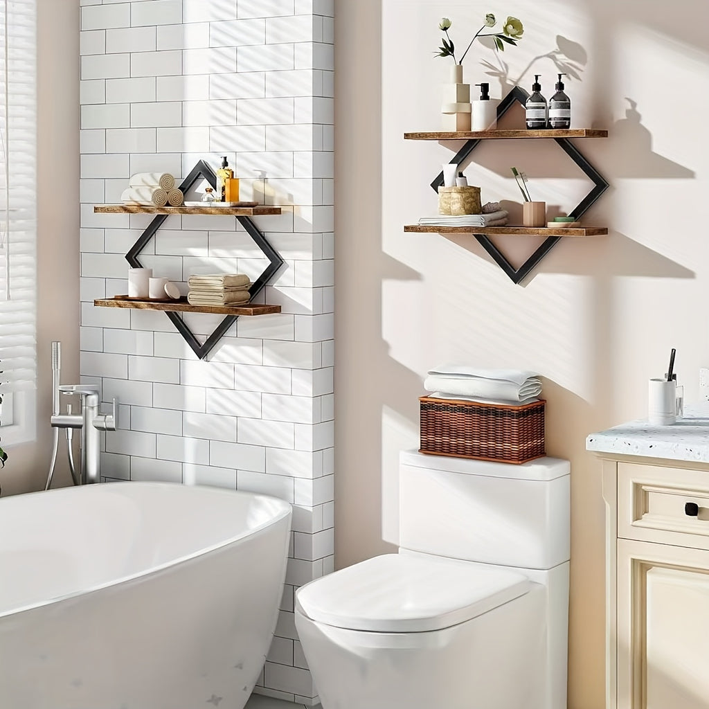 2\u002F4pcs Double Layer Geometric Diamond Wall Floating Shelf Decorative Industrial Hanging Metal Wire Wooden Display Stand, Simple Style Wall Floating Stand, Artistic Style, Suitable for Living Room Kitchen, Floating Shelves