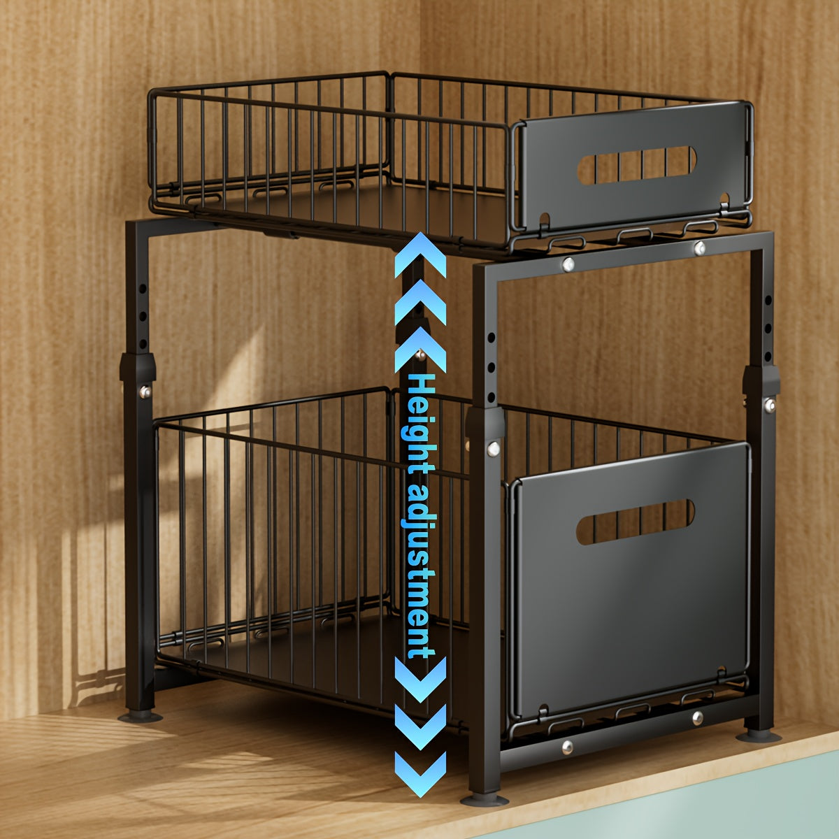 2-Tier Slide-Out Under Sink Organizer - Heavy-Duty Carbon Steel Kitchen & Bathroom Storage Shelf with Adjustable Shelves, Hooks & Sliding Drawers - Space-Saving Cabinet Organizer for Utensils, Spices, Cleaning Supplies - Easy Installation