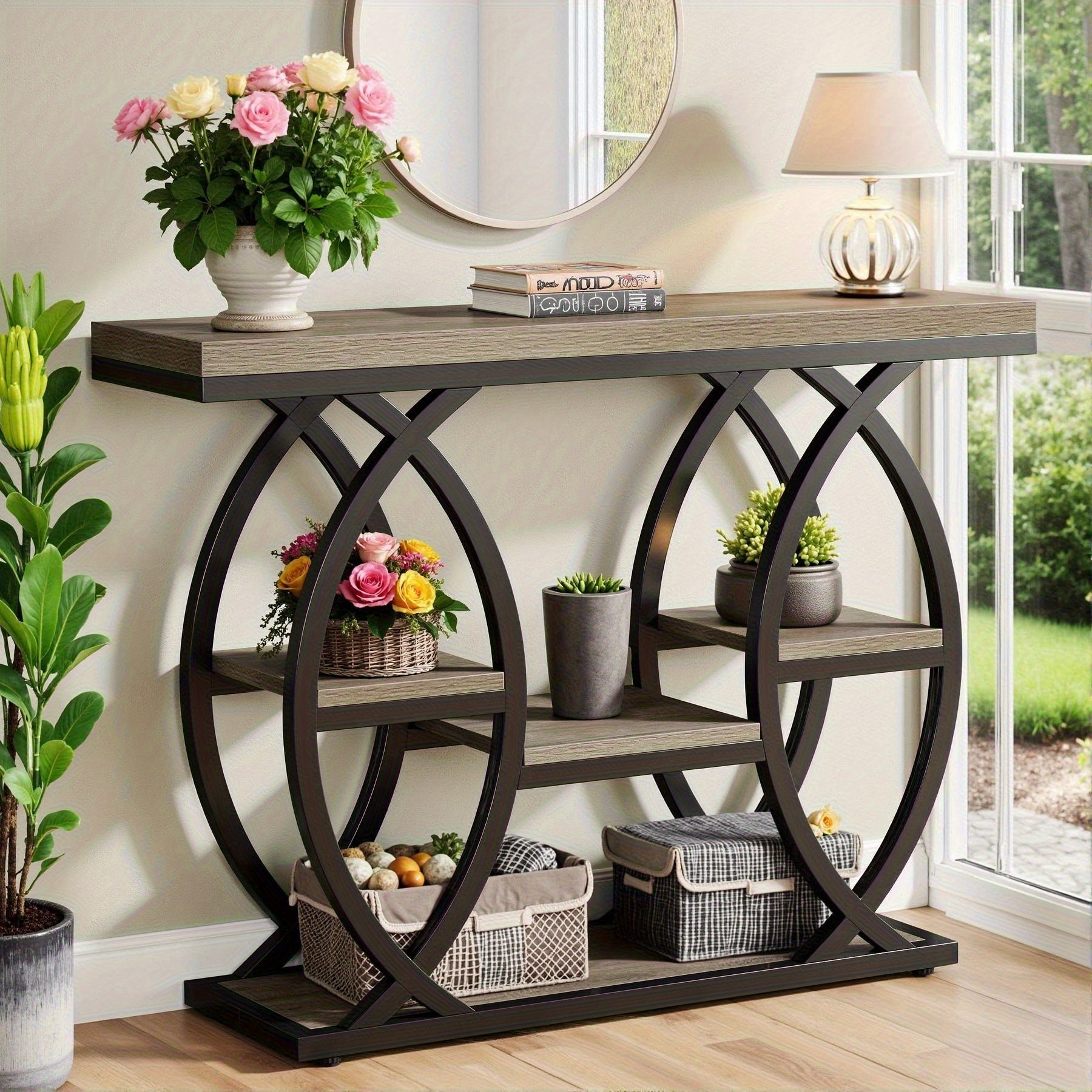 39-inch Holiday-themed Console Table, 4-tier Sofa Table With Storage Shelves, Narrow Wooden And Metal Frame Decorative Table, Suitable For Small Spaces, Corridors, Foyers, And Christmas