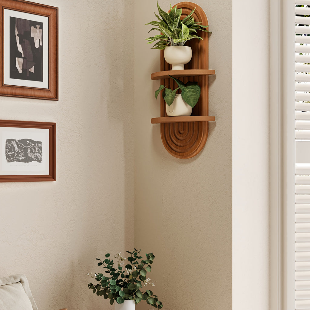 Bamworld'S 2-Tier Bohemian Floating Shelves for Plants, Featuring a Mid-Century Modern Design in Brown, Serve As a Wall Planter Holder And Decorative Piece, Ideal for Hanging Plants