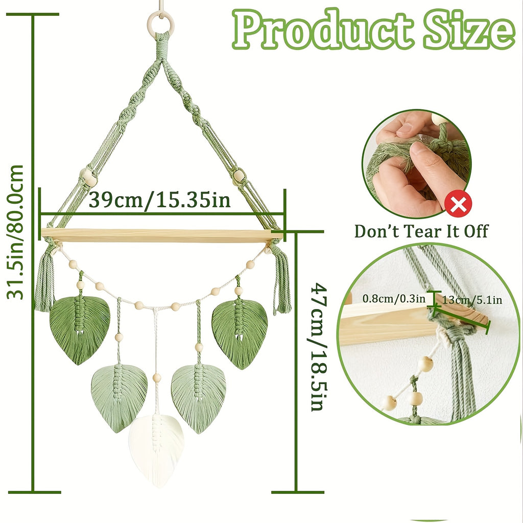 Macrame Wall Hanging Shelf, Boho Wall Plant Hanger Shelves With Handmade Woven Leaves, Wood Floating Shelf For Bedroom Living Room Apartment Home Decor