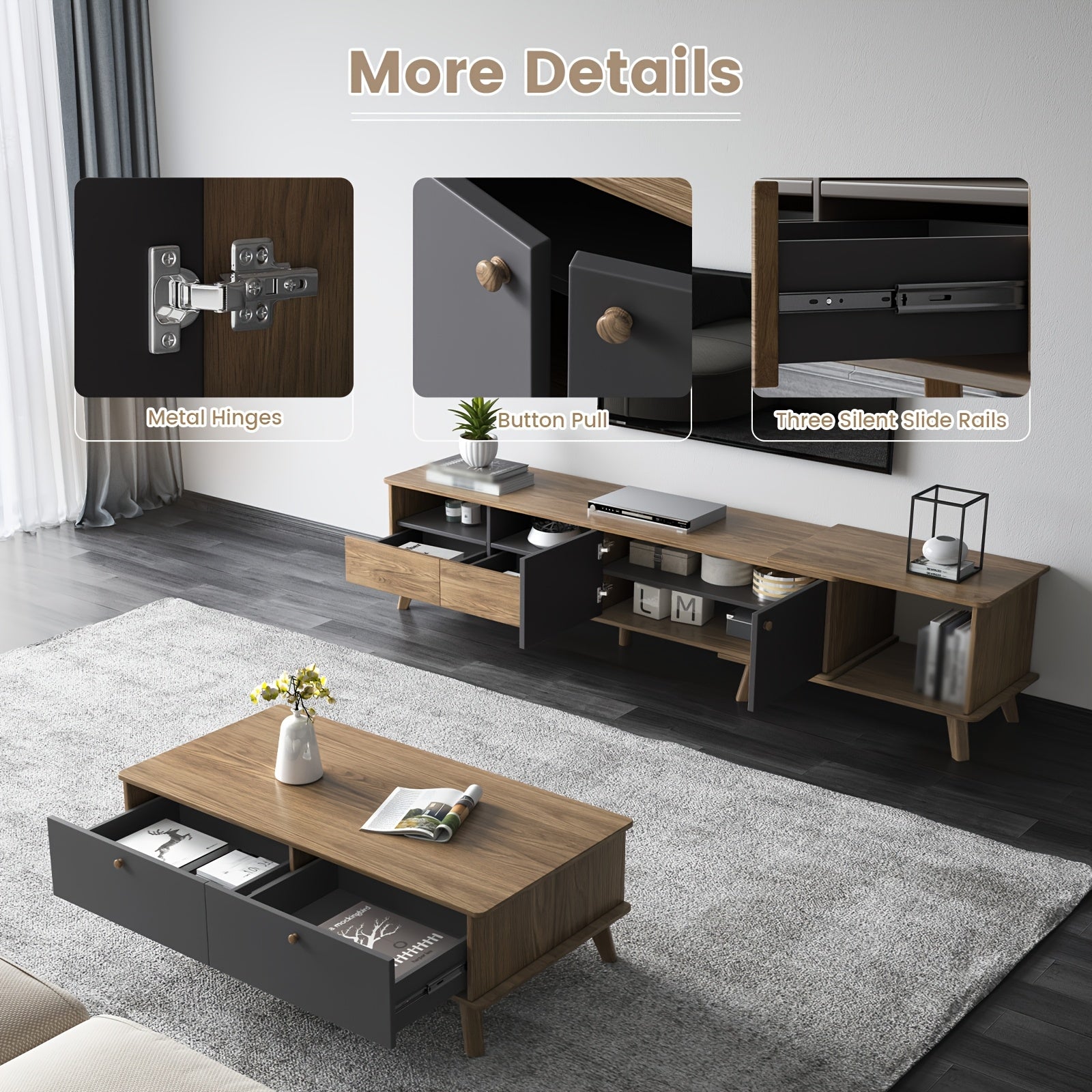 3pcs Mid Century Modern TV Stand Entertainment Center | Extendable TV Cabinet, Coffee Table and Side Table Set of 3, TV Cabinet with Storage for TVs Up to 80\