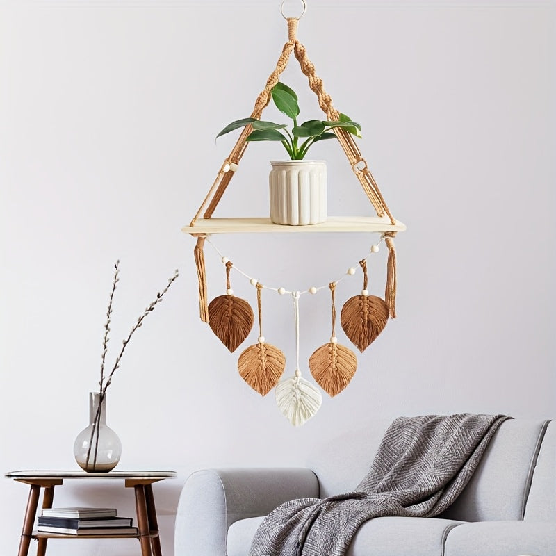 Macrame Wall Hanging Shelf, Boho Wall Plant Hanger Shelves With Handmade Woven Leaves, Wood Floating Shelf For Bedroom Living Room Apartment Home Decor