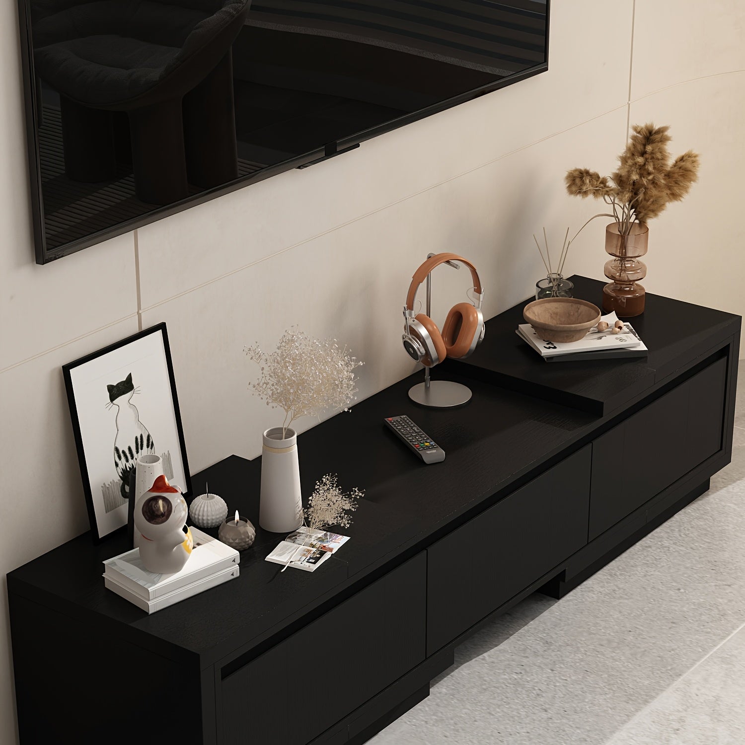 Contemporary Television Unit Featuring Three Drawers, a Versatile And Extendable Design Suitable for Televisions Measuring Up to 120 Inches, a Wooden Gaming And Entertainment Center with Adjustable Width
