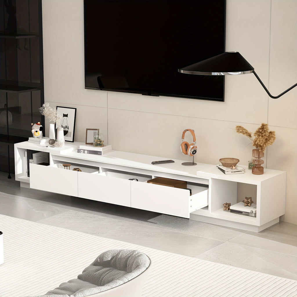 Contemporary Television Unit Featuring Three Drawers, a Versatile And Extendable Design Suitable for Televisions Measuring Up to 120 Inches, a Wooden Gaming And Entertainment Center with Adjustable Width