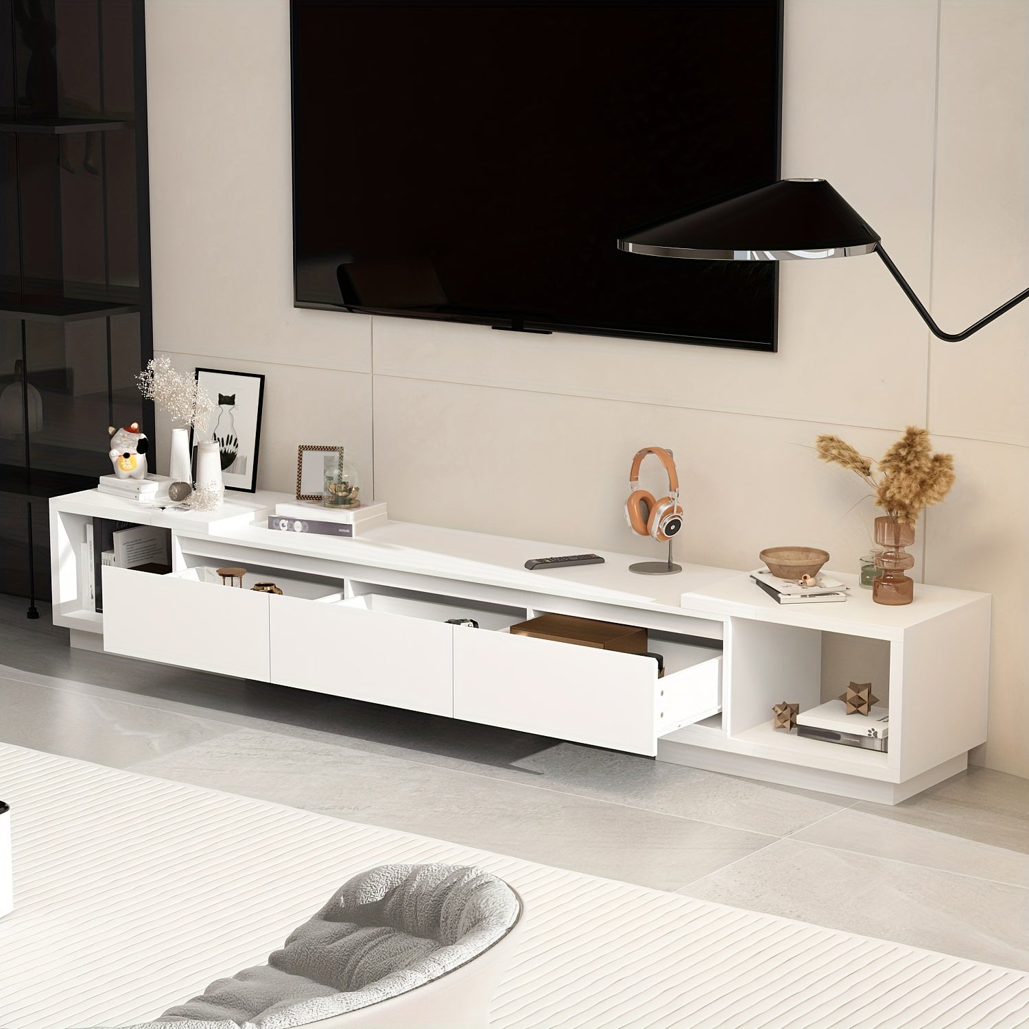Contemporary Television Unit Featuring Three Drawers, a Versatile And Extendable Design Suitable for Televisions Measuring Up to 120 Inches, a Wooden Gaming And Entertainment Center with Adjustable Width