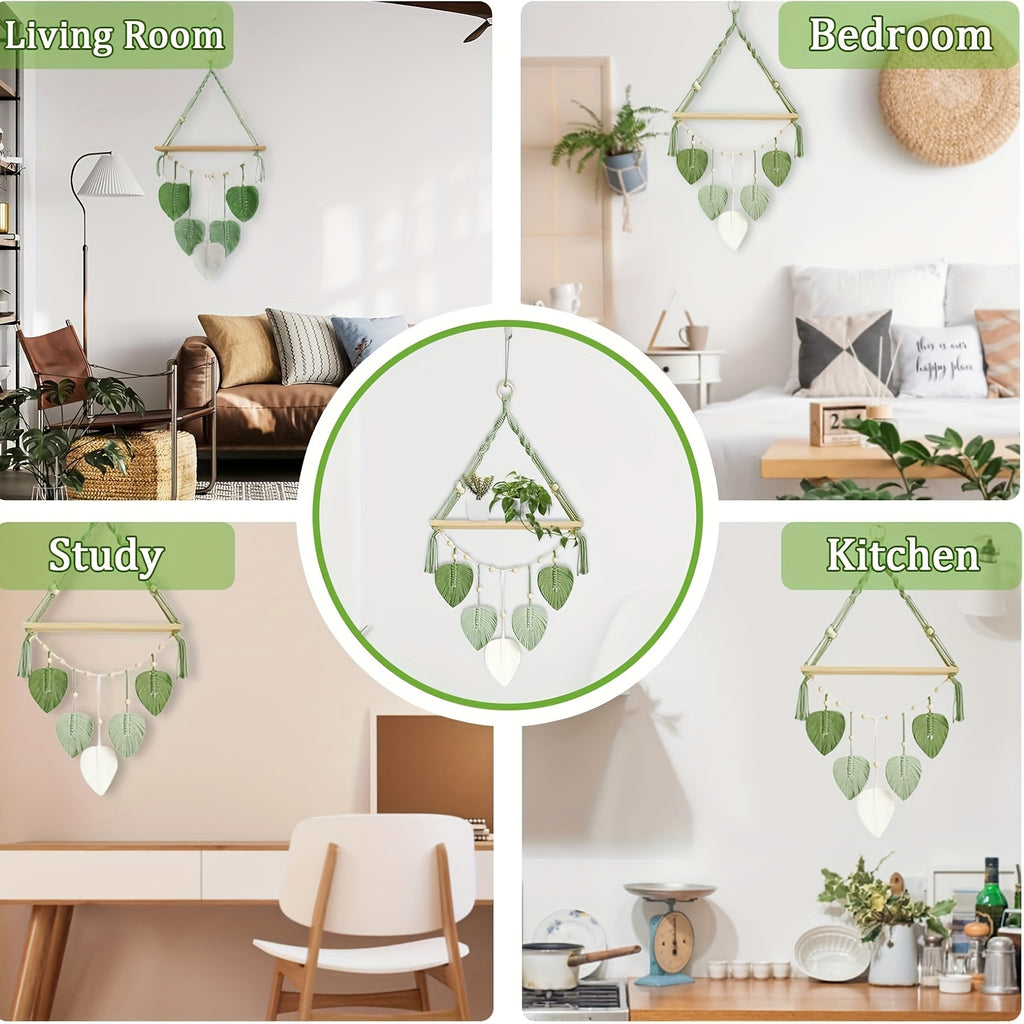 Macrame Wall Hanging Shelf, Boho Wall Plant Hanger Shelves With Handmade Woven Leaves, Wood Floating Shelf For Bedroom Living Room Apartment Home Decor